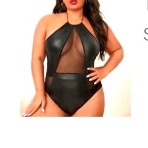 3/$15 ANY ITEMS $8 OR LESS! SHEIN Plus PU contrast mesh halter bodysuit SEXY